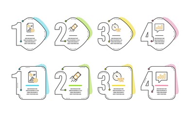 Report, Quick tips and Fast payment icons simple set. Analytical chat sign. Presentation document, Helpful tricks, Finance transfer. Communication speech bubble. Education set. Infographic timeline