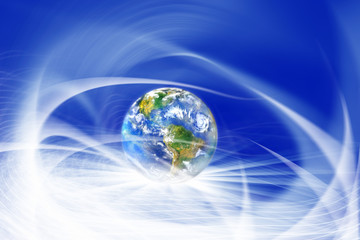 Conceptual close up world map in defocused abstract lights