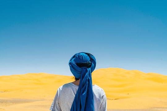 Man Travel In Sahara Desert.