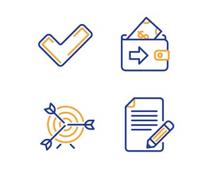 Tick, Target and Wallet icons simple set. Article sign. Confirm check, Targeting, Money payment. Feedback. Education set. Linear tick icon. Colorful design set. Vector