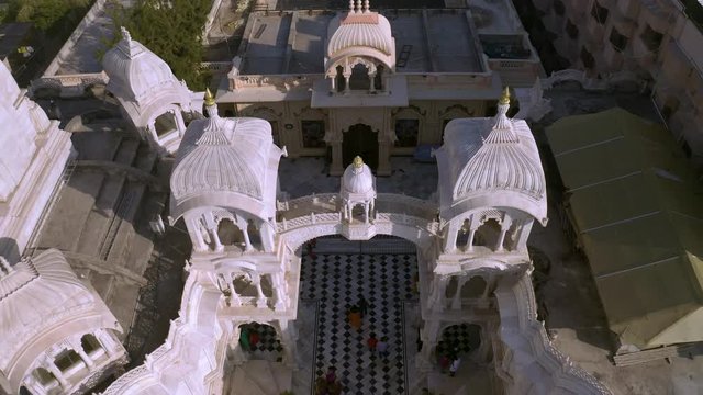 Hare Krishna temple in Vrindavan, India 4k aerial drone