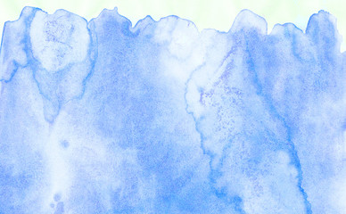 Sky aquarelle painted paper textured canvas for vintage design, invitation card, template. Creative background, smeared light turquoise frame. Simple blue shades color watercolor illustration