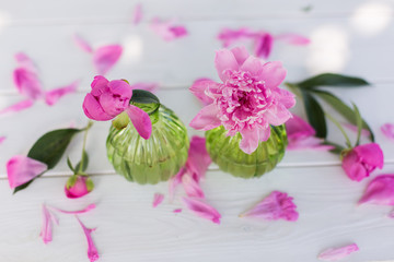 Beautiful soft pink peonies in vase on white wooden background outdoors. Summer flowers in blossom. Nature, fresh pink flowers concept
