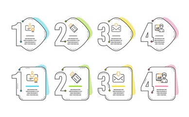 Certificate, Incoming mail and Usb flash icons simple set. Presentation sign. Best employee, Download message, Memory stick. Education board. Education set. Infographic timeline. Line certificate icon