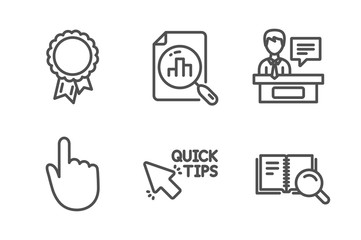 Analytics graph, Success and Exhibitors icons simple set. Hand click, Quick tips and Search book signs. Chart report, Award reward. Education set. Line analytics graph icon. Editable stroke. Vector