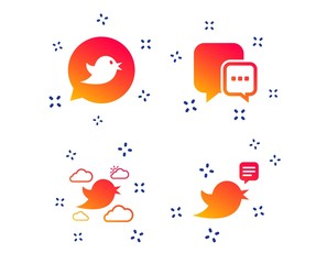 Birds icons. Social media speech bubble. Chat bubble with three dots symbol. Random dynamic shapes. Gradient bird icon. Vector