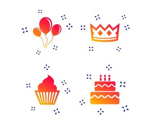 Birthday crown party icons. Cake and cupcake signs. Air balloons with rope symbol. Random dynamic shapes. Gradient birthday icon. Vector