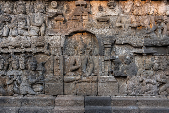 Bas Relief At Borobudur temple in Java, Indonesia