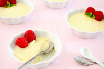 White chocolate custard with raspberries