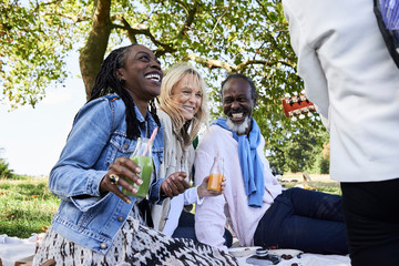 Group of friends singing and playing guitar at park. Senior people.