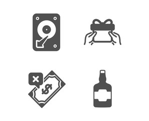 Set of Rejected payment, Hdd and Give present icons. Whiskey bottle sign. Bank transfer, Hard disk, Receive a gift. Scotch alcohol.  Classic design rejected payment icon. Flat design. Vector