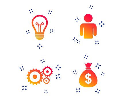 Business Icons. Human Silhouette And Lamp Bulb Idea Signs. Dollar Money Bag And Gear Symbols. Random Dynamic Shapes. Gradient Idea Icon. Vector