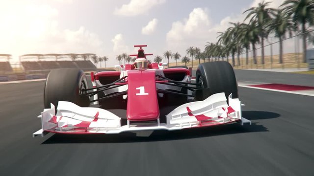 Generic formula one race car driving along the homestretch over the finish line - dynamic front view camera - realistic high quality 3d animation - my own car design - no copyright/trademark infringem