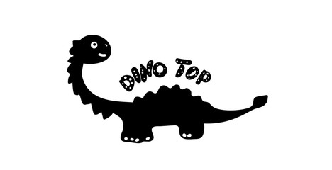 Children's print silhouette of a dinosaur in the style of doodle. Black dino with the inscription Dino Top. Phrase, inscription, font. For prints on clothing, textiles, fabric. Vector illustration