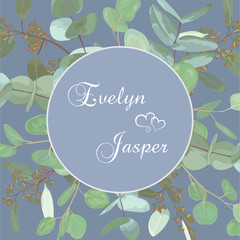 Greeting festive flyer, holiday card, vector. Elegant floral, greenery, collection design. Bouquet of eucalyptus hybridus Baby Blue spiral, populus, robusta. Wedding invitation on background