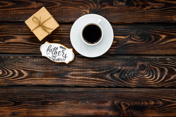 Happy Father Day with gift and coffee on wooden background top view mockup