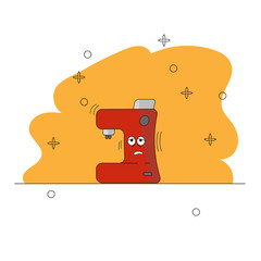 Cartoon Sleepy Coffee Maker kitchen appliances. Funny character. A red and gray Coffee Maker with eyes on a yellow background is working. icon, symbol, games, web applications. Vector illustration