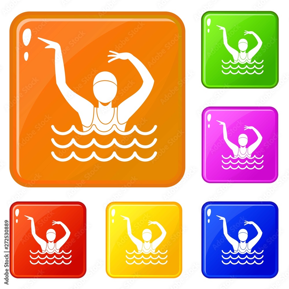 Poster swimmer in a swimming pool icons set collection vector 6 color isolated on white background