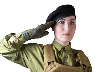 Portrait of young beautiful military soldier woman in military beret saluting, isolated photo. 