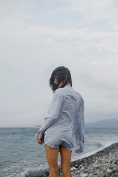 Windy seaside portrait