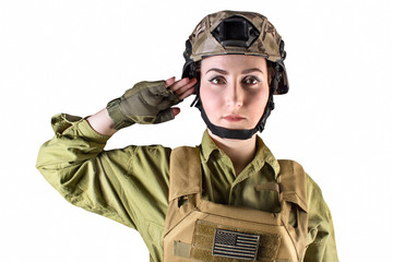 Portrait of young US military soldier woman saluting, isolated photo. 