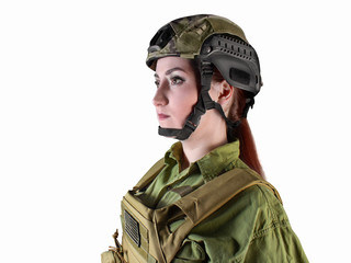 Portrait of young and beautiful US military soldier woman in helmet, side view, isolated photo.