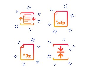 Archive file icons. Compressed zipped document signs. Data compression symbols. Random dynamic shapes. Gradient document icon. Vector