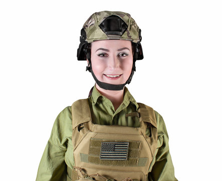 Portrait of young and beautiful US soldier woman in military uniform, isolated photo.