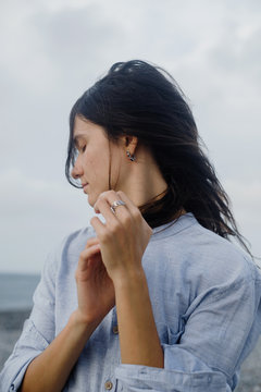 Windy seaside portrait