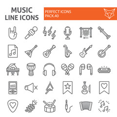 Music line icon set, musical instruments symbols collection, vector sketches, logo illustrations, audio equipment signs linear pictograms package isolated on white background.