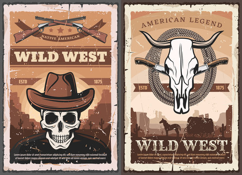 Wild West skull in cowboy hat, American Western