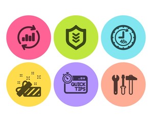 Shield, 48 hours and Quick tips icons simple set. Update data, Present and Spanner tool signs. Protection or security, Delivery service. Business set. Flat shield icon. Circle button. Vector