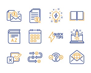 Accounting report, Book and Inspiration icons simple set. Survey progress, Quiz test and Checkbox signs. Start business, Calendar and Quickstart guide symbols. Line accounting report icon. Vector