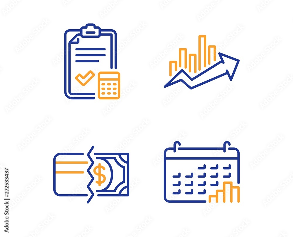 Poster accounting checklist, payment methods and growth chart icons simple set. calendar graph sign. calcul