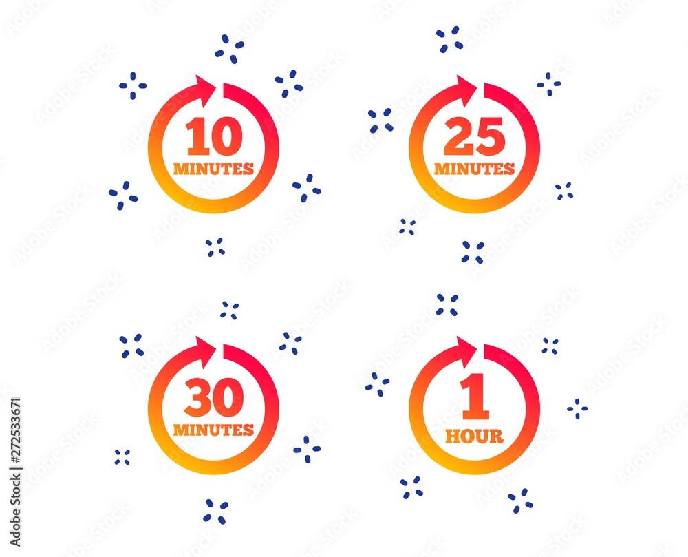 Aufkleber every 10, 25, 30 minutes and 1 hour icons. full rotation arrow symbols. iterative process signs. ran