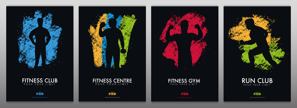 Set of Fitness Club Banners with man on the color grunge style background.