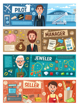 Pilot, manager, seller and jeweler professions