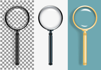 Realistic illustration magnifying glass of different colors.