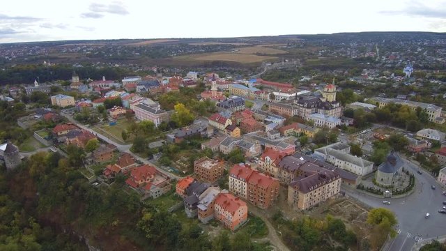 Aerial, top view from Drone. The old city center Kamenetz Podolsky. Autumn time.