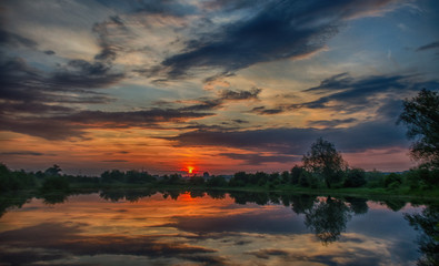 The lake and the sunset with a magnificent color of the sky