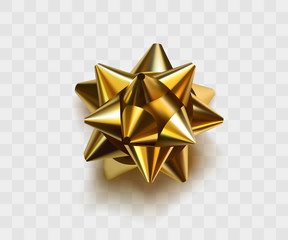 Gold bow realistic design. Decorative gift bow isolated on transparent background