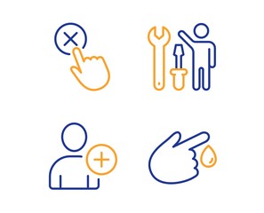 Repairman, Add user and Reject click icons simple set. Blood donation sign. Repair screwdriver, Profile settings, Delete button. Injury. People set. Linear repairman icon. Colorful design set. Vector