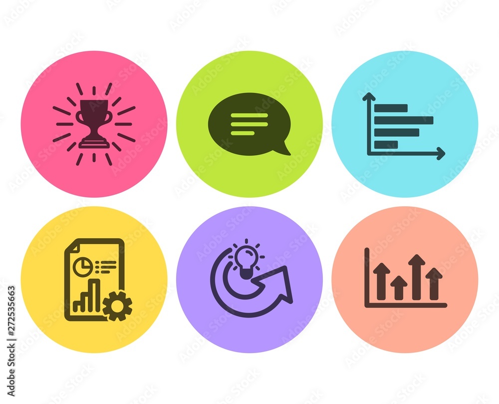 Poster chat, report and horizontal chart icons simple set. share idea, trophy and upper arrows signs. speec