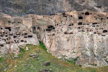 View of Vardzia caves. Vardzia is a cave monastery site in southern Georgia, excavated from the slopes of the Erusheti Mountain on the left bank of the Kura River