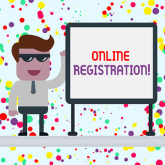 Conceptual hand writing showing Online Registration. Concept meaning Process to Subscribe to Join an event club via Internet Office Worker Sunglass Blank Whiteboard Meeting Presentation