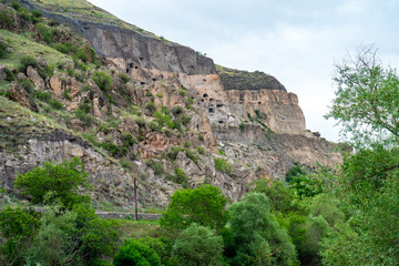 View of Vardzia caves. Vardzia is a cave monastery site in southern Georgia, excavated from the slopes of the Erusheti Mountain on the left bank of the Kura River