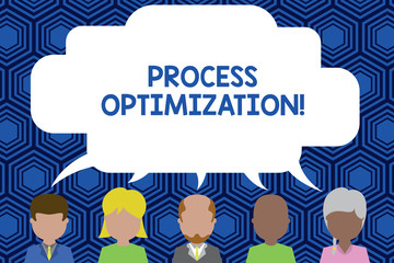 Text sign showing Process Optimization. Business photo showcasing Improve Organizations Efficiency Maximize Throughput Five different races persons sharing blank speech bubble. People talking