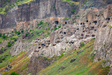 View of Vardzia caves. Vardzia is a cave monastery site in southern Georgia, excavated from the slopes of the Erusheti Mountain on the left bank of the Kura River