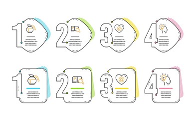Heart, Search book and Coffeepot icons simple set. Idea sign. Star rating, Online education, Brewed coffee. Creative designer. Infographic timeline. Line heart icon. 4 options or steps. Vector