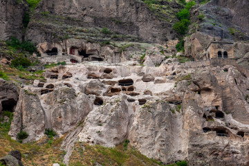 View of Vardzia caves. Vardzia is a cave monastery site in southern Georgia, excavated from the slopes of the Erusheti Mountain on the left bank of the Kura River